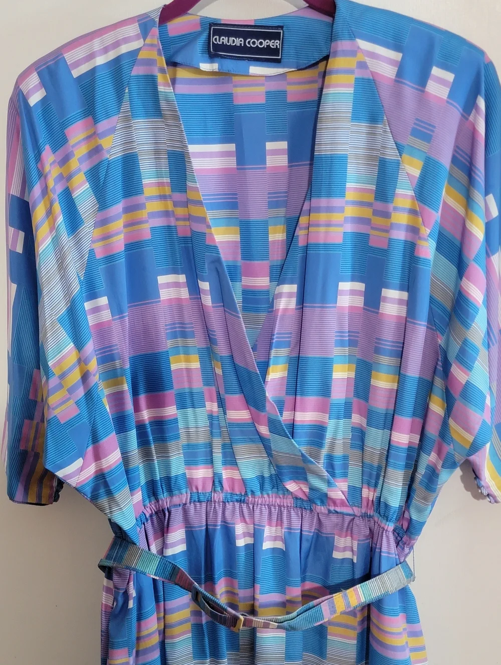 Vintage 70's Blue Geometric Print Midi Dress with Matching Belt - Picture 5 of 10